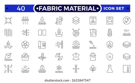 Conjunto de ícones de contorno de material de tecido. Ilustração vetorial de ícones relacionados com têxteis: térmico, reciclado, bambu, produto, indústria, loja, couro, têxtil, algodão, lã, impermeável, material e muito mais.
