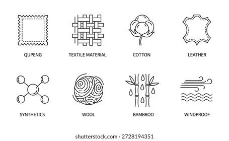 Vektorgrafik mit Eigenschaften des Stoffmaterials. Leder aus Baumwolle und synthetische Textilsymbole. Qualitätsnormetiketten für Kleidungsdesign.
