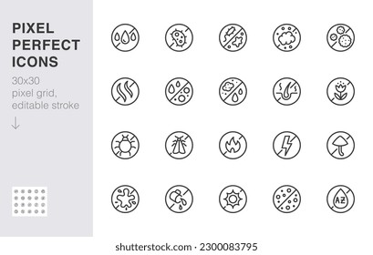 Fabric material protection line icon set. Sweat resistant, antibacterial proof, antistatic minimal vector illustration. Simple outline sign for clothing material. 30x30 Pixel Perfect, Editable Stroke
