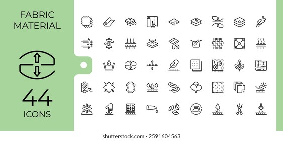 Fabric Material vector line icon set. Contains such icons as stain, wool, uv, water, silk, breathable, cotton, anti. Web icons. Minimalist editable vector stroke.