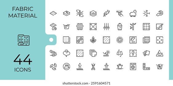 Fabric Material vector line icon set. Contains such icons as stain, wool, uv, water, silk, breathable, cotton, anti. Web icons. Minimalist editable vector stroke.