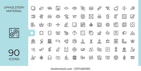 Fabric Material vector line icon set. Contains such icons as stain, wool, uv, water, silk, breathable, cotton, anti. Web icons. Minimalist editable vector stroke.