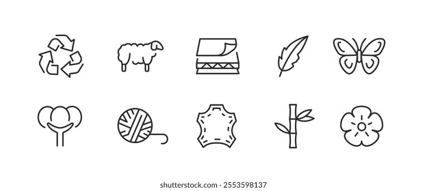 Fabric Materials icons. Set of 10 trendy minimal icons showcasing natural and synthetic materials used in fabric and textile production. Example: Cotton, Leather, Wool, Silk icons. Vector illustration