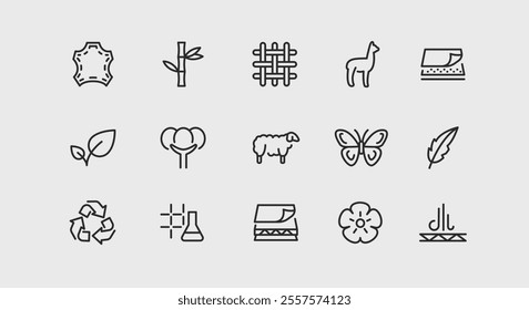 Fabric Materials icons. Set of 15 trendy minimal icons showcasing natural and synthetic materials used in fabric and textile production. Example: Cotton, Leather, Wool, Silk icons. Vector illustration
