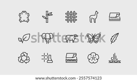 Fabric Materials icons. Set of 15 trendy minimal icons showcasing natural and synthetic materials used in fabric and textile production. Example: Cotton, Leather, Wool, Silk icons. Vector illustration