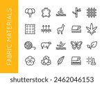 Fabric Materials icons. Set of 20 trendy minimal icons showcasing natural and synthetic materials used in fabric and textile production. Example: Cotton, Leather, Wool, Silk icons. Vector illustration