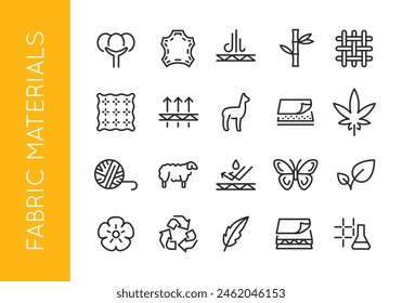 Symbole für Stoffmaterialien. Set von 20 trendigen Minimal-Icons, die natürliche und synthetische Materialien zeigen, die in der Stoff- und Textilproduktion verwendet werden. Beispiel: Baumwolle, Leder, Wolle, Seide Icons. Vektorillustration