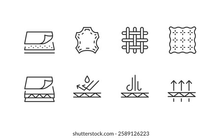 Fabric Materials icons. Set of 8 trendy minimal icons showcasing natural and synthetic materials used in fabric and textile production. Example: Cotton, Leather, Wool, Silk icons. Vector illustration