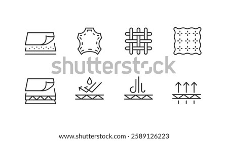 Fabric Materials icons. Set of 8 trendy minimal icons showcasing natural and synthetic materials used in fabric and textile production. Example: Cotton, Leather, Wool, Silk icons. Vector illustration