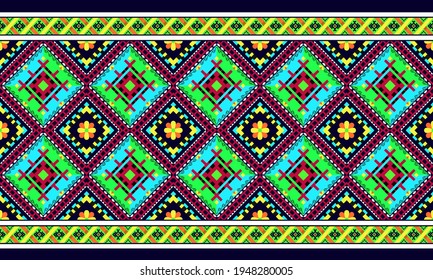 Fabric Morocco, geometric ethnic pattern seamless flower color oriental. Background, Design for fabric, curtain, carpet, clothing, wrapping, Batik, vector illustration, rhombus pattern antique.