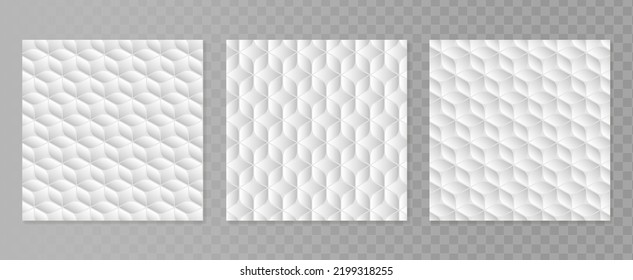 Fabric, paper, cardboard or mattress texture with rhombs. Vector abstract white geometric pattern for your design. Background template set