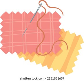 Fabric patch with sewing needle. Cartoon tailor icon isolated on white background