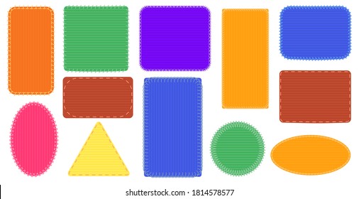 Fabric patches frames. Triangle and rectangle seam, oval colored badge, canvas stitch frame illustration