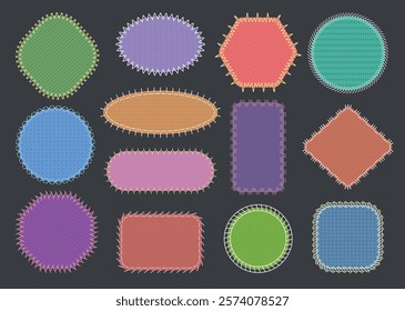 Fabric patches. Geometrical fabric shapes with different stitches recent vector template