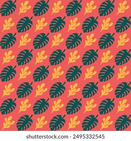Fabric Pattern, Background Pattern Light red, Green and dark yellow leaves Seamless.