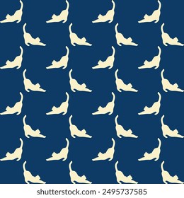 Fabric Pattern, Background Navy blue, A light yellow cat is stretching lazily Seamless.