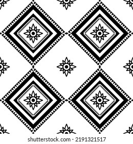 Patrón de tejido. Tejido blanco y negro, vectores sin costuras. Creativo un textil con símbolos geométricos, forma de círculo, rectángulo, cuadrado, triángulo y caída de agua sobre fondo marrón, diseño plano 