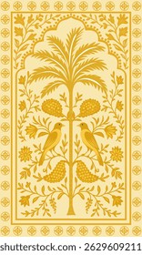 Padrão de tecido, padrão de coqueiro, pássaros, flores, tons amarelos, padrão de papel de parede, padrão de tapete