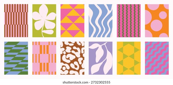 Fabric pattern collection vector set with bold stripes, polka dots, checks, plaids, vintage florals and geometric shapes. Colorful retro design for wall art, textiles, apparel and packaging.