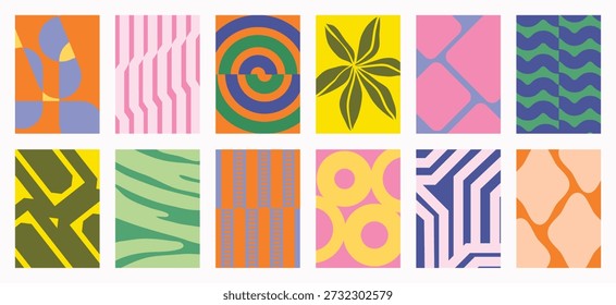 Fabric pattern collection vector set with bold stripes, polka dots, checks, plaids, vintage florals and geometric shapes. Colorful retro design for wall art, textiles, apparel and packaging.