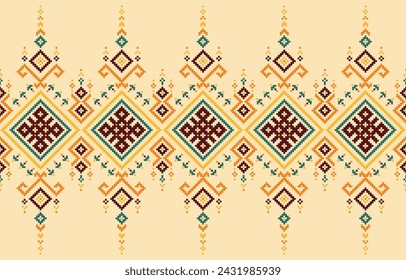  fabric pattern is a colorful, geometric seamless pattern on a beige background. The squares, triangles, and rectangles are arranged in a way that makes the pattern visually interesting.