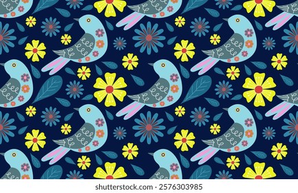 a fabric pattern composed of birds ,yellow and blue flower with dark blue background designs, folk arts style.