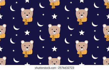 a fabric pattern composed of brown bear ,white stars and moon with dark blue background designs.