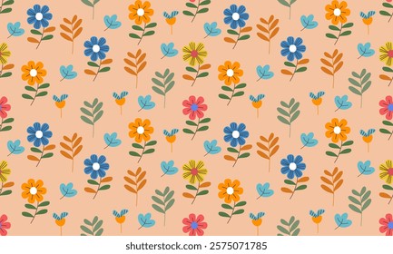 a fabric pattern composed of colorful flowers and leaf with light orange background designs