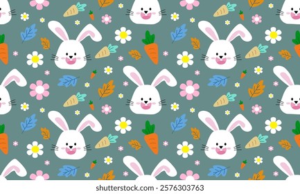 a fabric pattern composed of cute bunny,carrot and flowers with green background designs