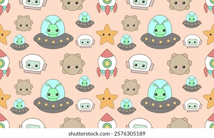 a fabric pattern composed of cute robot with light orange background designs