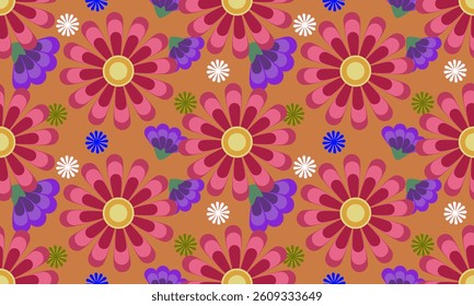 a fabric pattern composed geometric of red and purple flower with orange background , design for fabric or various pattern printing works.