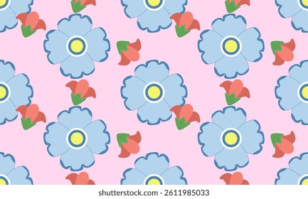 a fabric pattern composed geometric of red and light blue flower with light pink background , design for fabric or various pattern printing works.