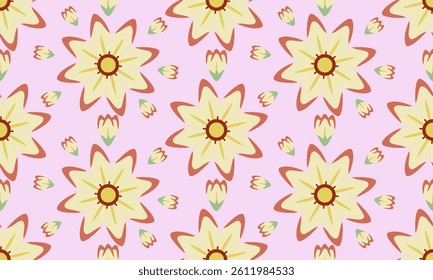 a fabric pattern composed geometric of yellow with red flower on light pink background , design for fabric or various pattern printing works.