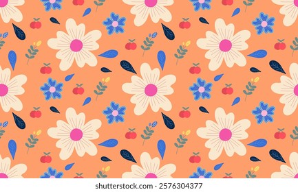 a fabric pattern composed hand drawn of color cream flower ,blue flowers ,red cherry with orange background designs