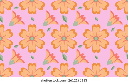 a fabric pattern composed of orange flower with pink background , design for fabric or various pattern printing works.