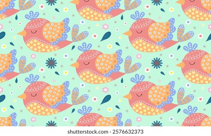 a fabric pattern composed of pink birds ,white and blue flower with light green background designs, folk arts style.