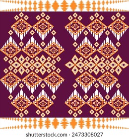 The fabric pattern consists of red, purple, and shades of orange and white.
Boho geometric ornament. 
Vector seamless pattern. Navajo tribal vector seamless pattern.
Native American ornament.
