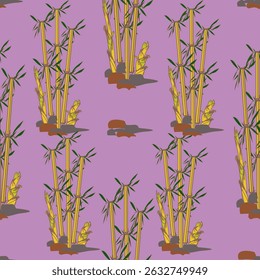 The fabric pattern is a continuous pattern of bamboo nature on a pink background.