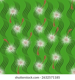 The fabric pattern is a continuous seamless pattern with elegant curves in green and white tones and grass flower patterns.