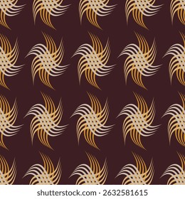 The fabric pattern is a continuous seamless pattern with elegant curves in white tones, red and gold floral patterns, cream and white, on a dark brown background.