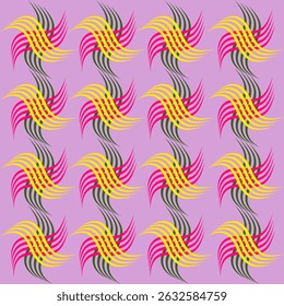 The fabric pattern is a continuous seamless pattern with elegant curves in pink tones, yellow, cream, white and pink background.