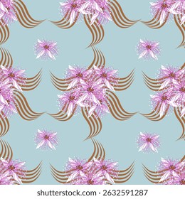 The fabric pattern is a continuous seamless pattern with elegant curves in pink tones, yellow, cream, white and blue floral patterns on a background.
