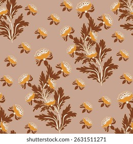 The fabric pattern is a continuous pattern of yellow, brown, and cream floral mandalas on a light brown background.