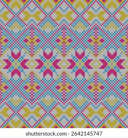 Fabric pattern, cross-stitch pattern, blue, yellow, pink, bright colors, weaving, flowers, natural art, used in fabric pattern design or wallpaper, various material surfaces.