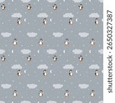 Fabric pattern, cute cartoon penguin, gray background, moon, clouds, stars, prominent with bright big eyes, various poses such as standing, smiling, waving, jumping, cheerful, giving a sense of fun, l