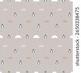 Fabric pattern, cute cartoon penguin, gray background, moon, clouds, stars, prominent with bright big eyes, various poses such as standing, smiling, waving, jumping, cheerful, giving a sense of fun
