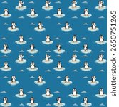 Fabric pattern, cute cartoon penguin, blue background, clouds, ice, outstanding with bright big eyes, various poses such as standing, smiling, waving, jumping, cheerful, giving a sense of fun, light b