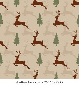 Fabric pattern, deer, red, green tree, Christmas, cream background, animals, nature, bright colors, jumping deer, used in interior decoration, carpet, material texture
