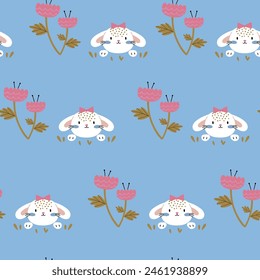 fabric pattern design with cute bunny head and flower drawing as vector for kids fashion