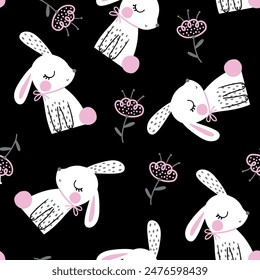 fabric pattern design with cute bunny drawing and flowers for baby fashion as vector